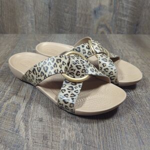 Crocs Serena Leopard Printed Criss-Cross Band Strap Slide Sandal Women's Size 7